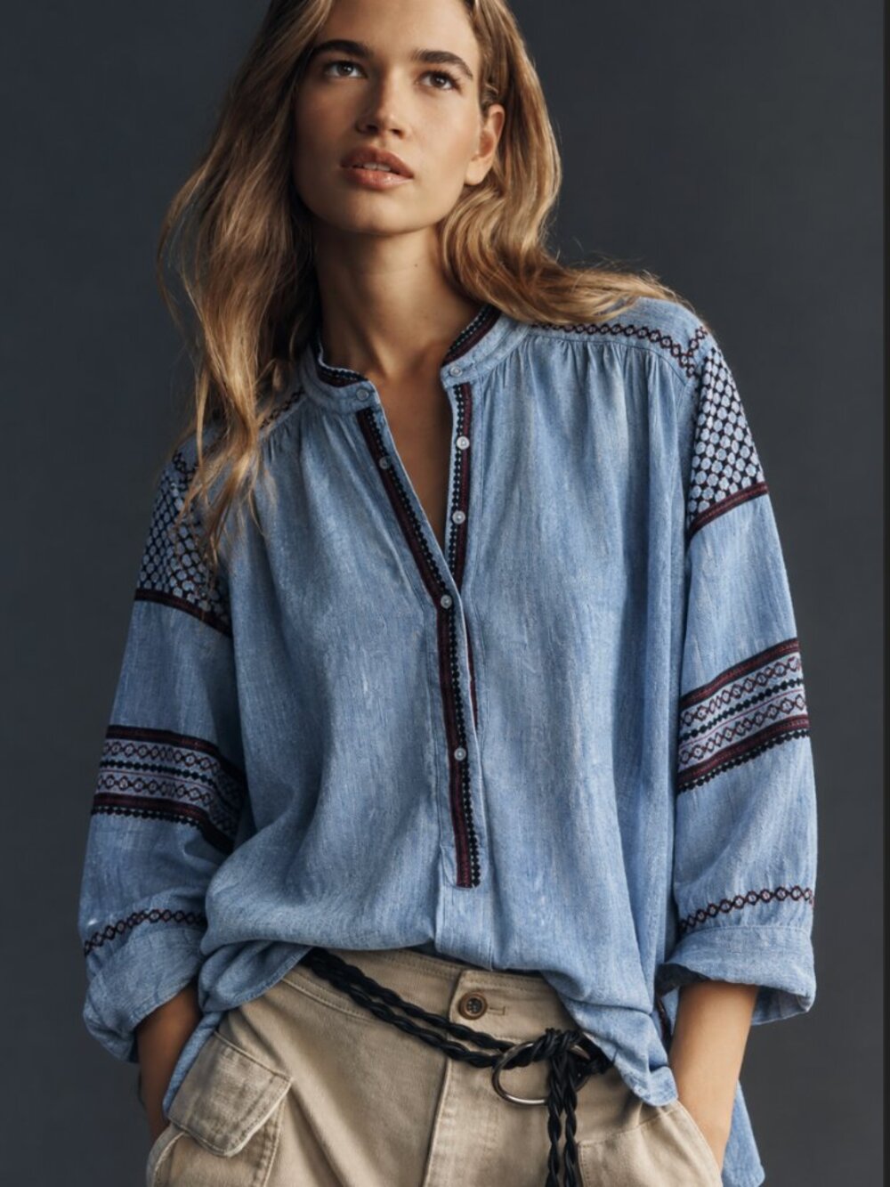 ZADIG & VOLTAIRE CHAMBRAY EMBROIDERED PULLOVER BLOUSE